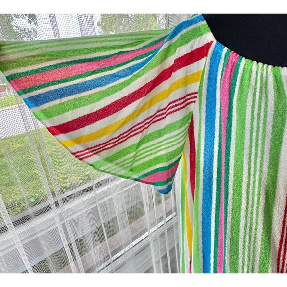 Vintage 80s terrycloth robe/coverup, pink blue yellow green orange red stripes - Picture 3 of 8